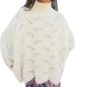 Anthropologie Cream Knit Oversized Sweater Poncho One Size Cozy Fuzzy Pullover